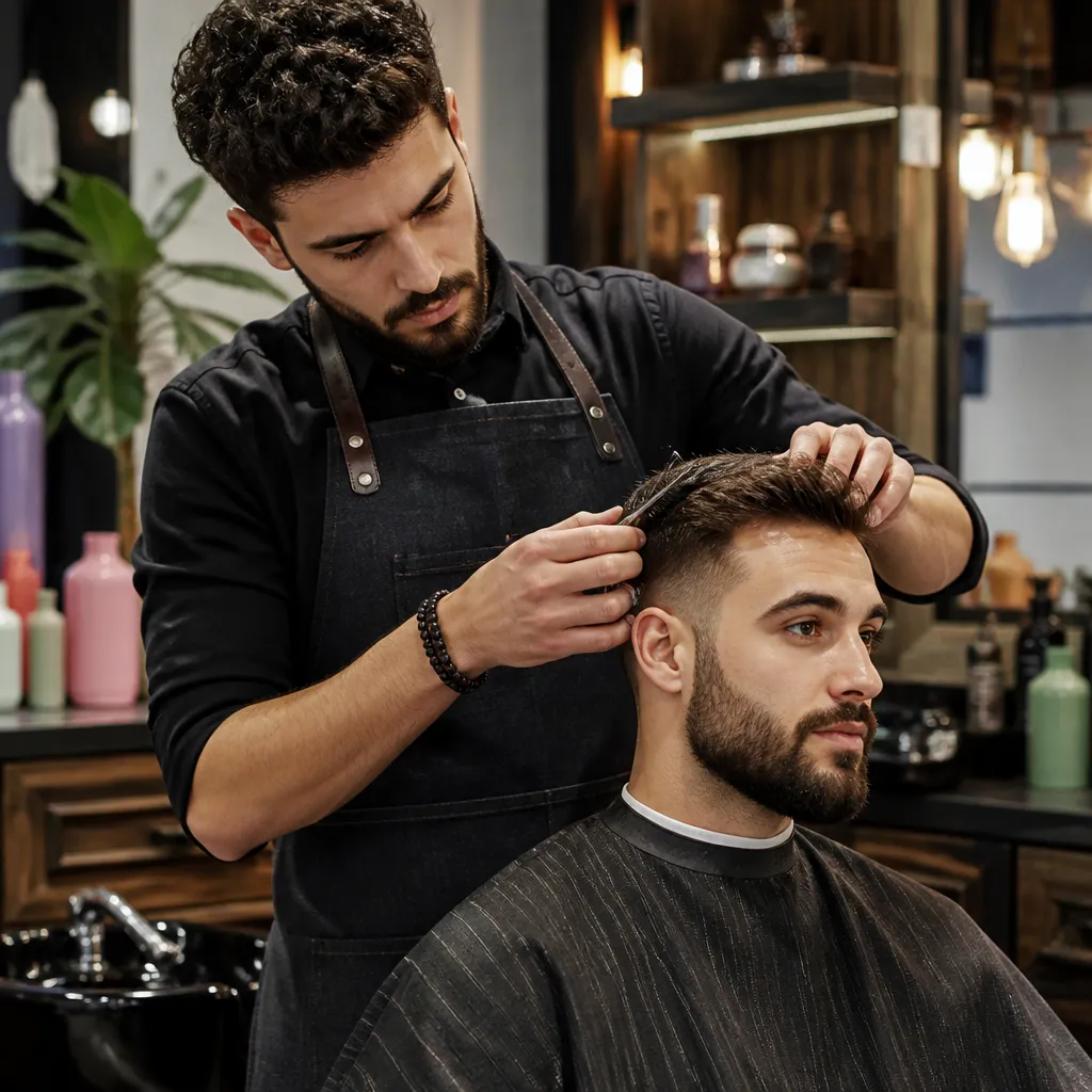 Barbier en pleine coupe dans son barbershop
