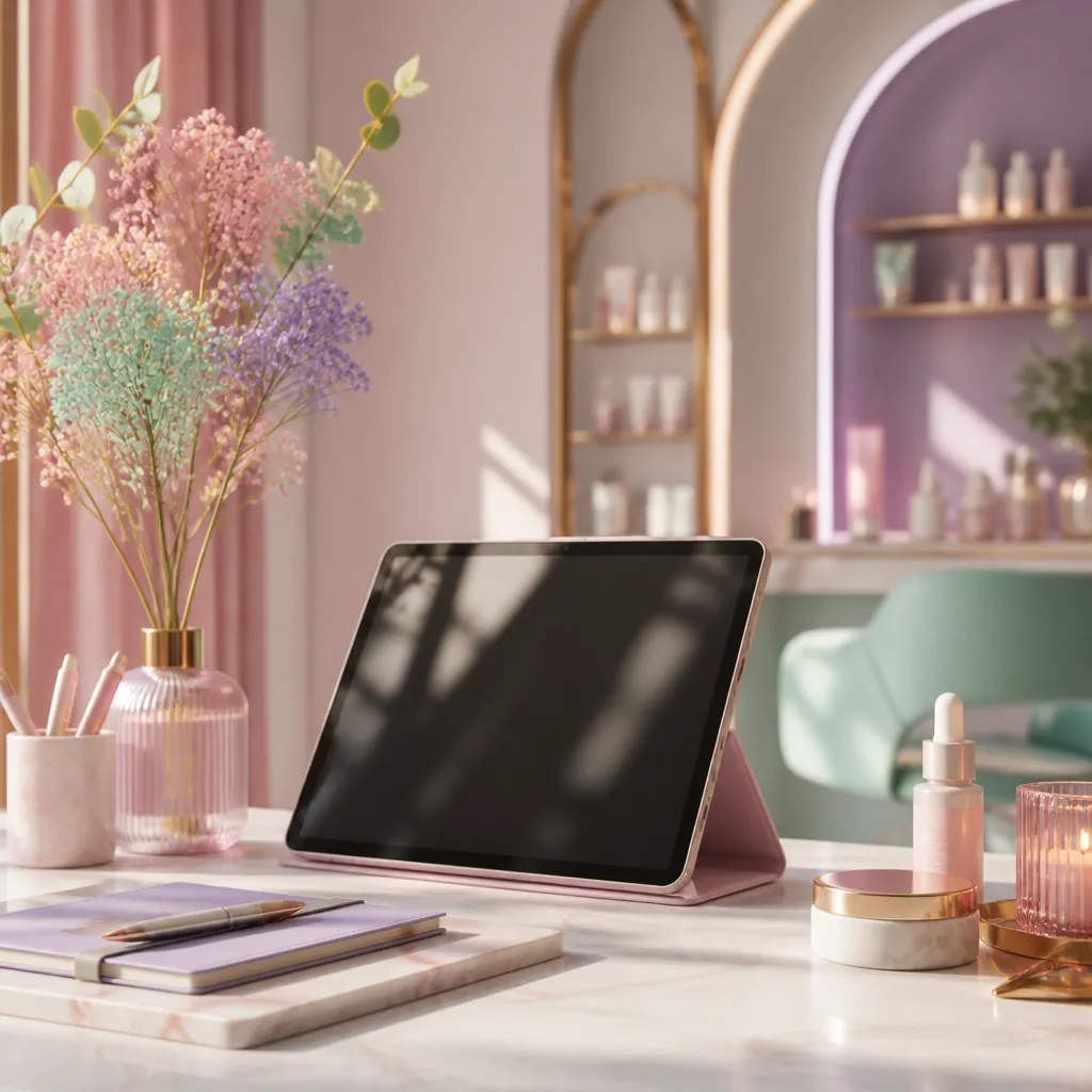 Accueil de salon avec une tablette de réservation et des fleurs