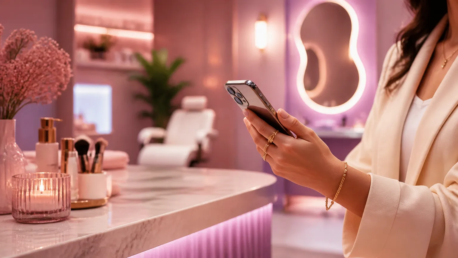 Gérante de salon qui consulte son téléphone à l'accueil