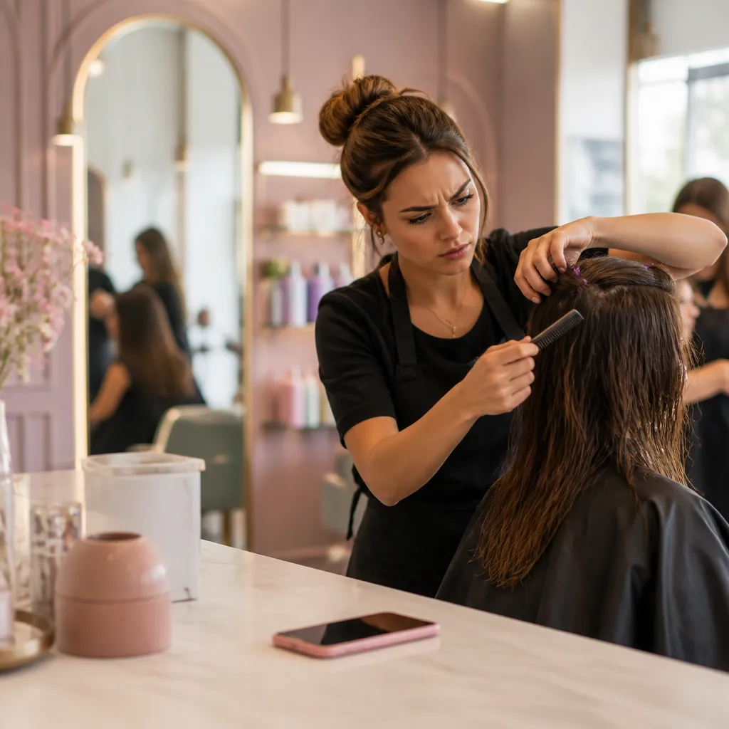 Coiffeuse concentrée sur sa cliente, le téléphone posé sur le comptoir